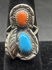 Vintage Native American Navajo Sterling Silver Turquoise & Coral Ring Sz 7.5 (J)