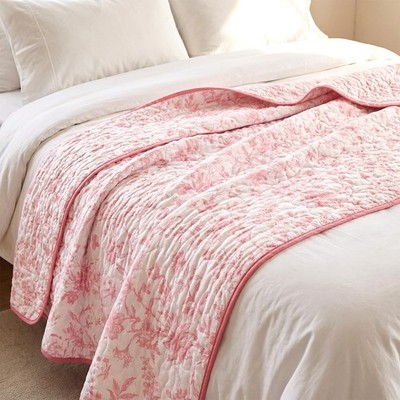 Pink Floral Quilted Throw Blanket Flower Lap Reversible Coquette 50x60 Inch