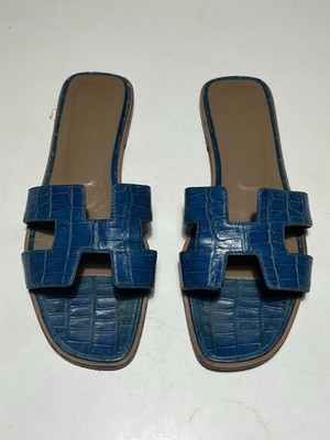 Hermes Alligator Blue Sandals 37