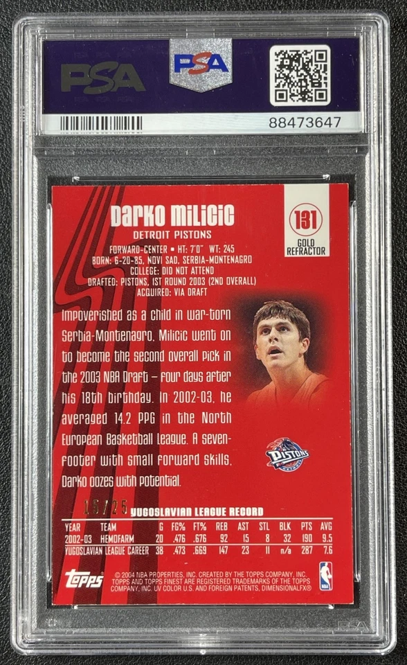 DARKO MILICIC PSA 8 2003-04 TOPPS FINEST #131 ROOKIE GOLD REFRACTOR RC 15/25 - Image 2 of 2