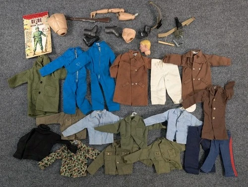 Vintage 1960's 12" GI-Joe clothing lot, Weapons, Body Parts Camo Shirt Lot