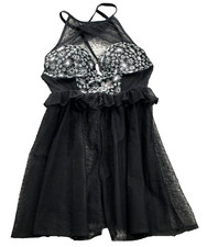 Victoria's Secret Womens Babydoll Nightie Sz 32B Black Semi Sheer Embroidered