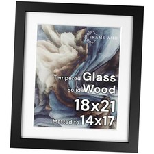 Solid Wood Poster Frame, White Mat for 14x17 Image, Tempered Glass 18x21 Black