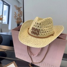 Miu Miu Women Crochet Straw Cowboy Hat Brown Cord Band Embroidered Logo