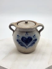 Vintage Miniature Rowe Stoneware Pottery Blue Heart Decorated Crock with Lid