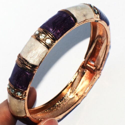 New Yellow Gold Plated Purple & White Enamel Bangle Bracelet w/ Crystal Accents - Picture 1 of 5