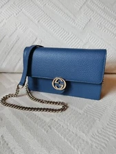 New Gucci Calf Caspian Blue Interlocking GG Wallet Bag on Chain