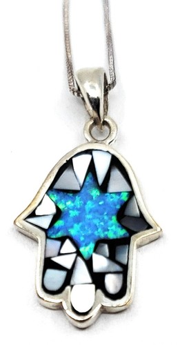 Art Judaica Silver & Opal Pendant Necklace Star of David in Hamsa - 第 1/5 張圖片