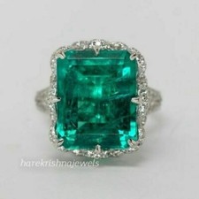 5CT Emerald Cut Real Green Emerald Engagement Wedding Ring 14K White Gold Finish