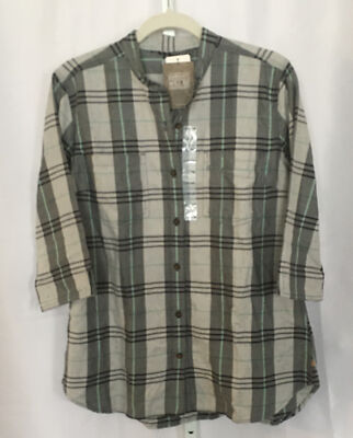 Carhartt Woman's 3/4 Sleeve Mandarin Collar Gray Plaid Shirt L (12-14) NWT AD4-8