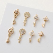 4pcs CZ Pave Fan Shaped Key Charm Connector,Cubic Zirconia Gold Key Pendant