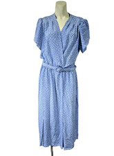 Lady Carol Vintage 80s Sky Blue Geo Dot Secretary Dress VNeck Belt NewYork 14/16