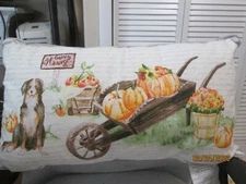 Pillow Decorative Thanksgiving, Autumn, Fall "Happy Harvest" With Dog New