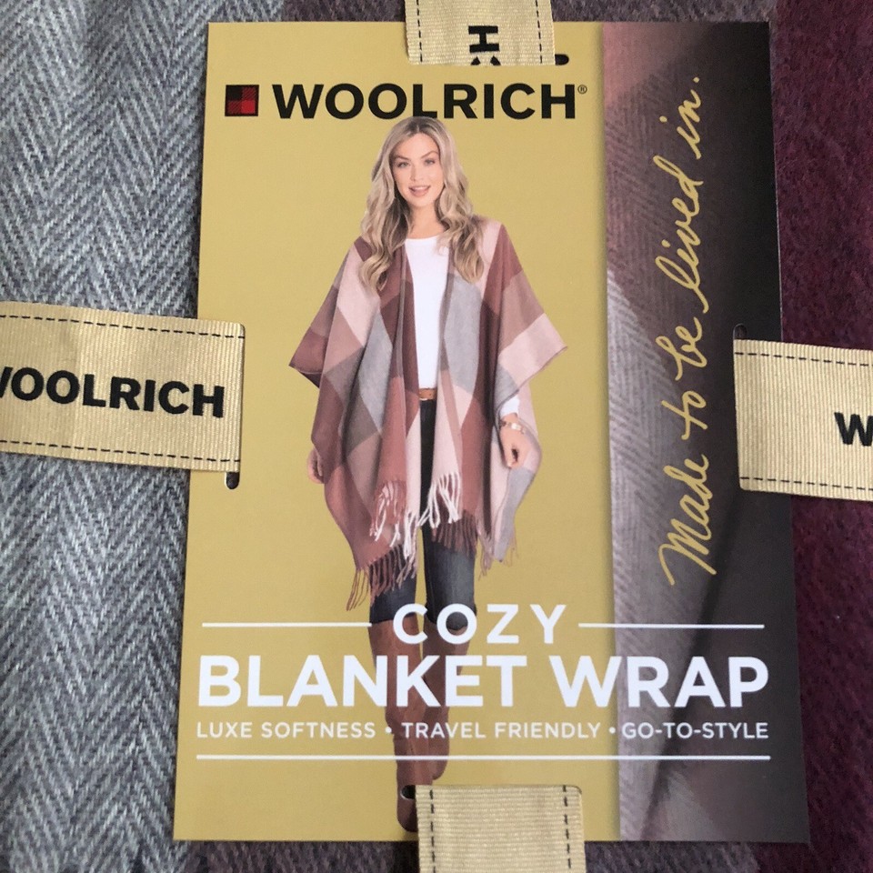 Woolrich Fringe Boanket Wrap Shawl Ruana Poncho Kimono Gray Purple ...