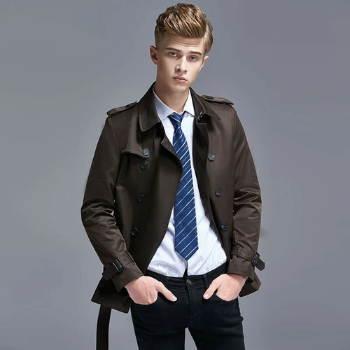 Zweireihiger schmaler Herren-Trenchcoat Frühling britischer Stil kurzer Windbreaker - Bild 23 von 27
