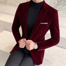Male Formal Velvet One Button Blazer Spring Suit Jacket Long Sleeve for Party