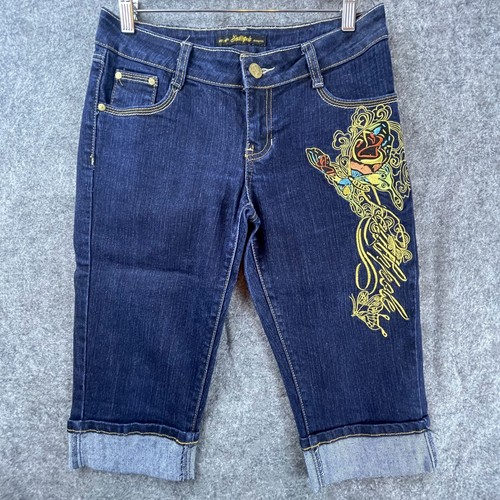 Southpole Jean Shorts Womens 7 Blue Butterfly Embroidered Cuffed Y2K 90s Stretch