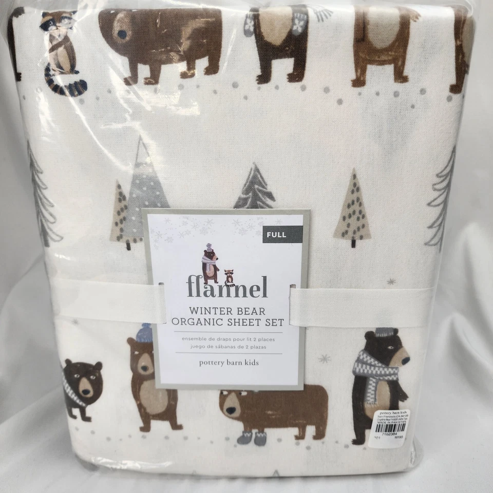 Pottery Barn Kids Holiday Winter Bear Flannel Sheet Set Full 4 Pieces - Image 4 of 4