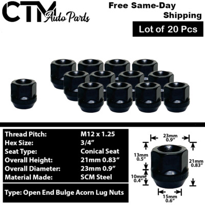 20Pc BLACK M12x1.25 OPEN END BULGE ACORN WHEEL LUG NUTS FIT NISSA SUBARU SUZUKI