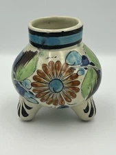 vtg floral handpainted mexican tonala pot belly tri footed vessel art pottery