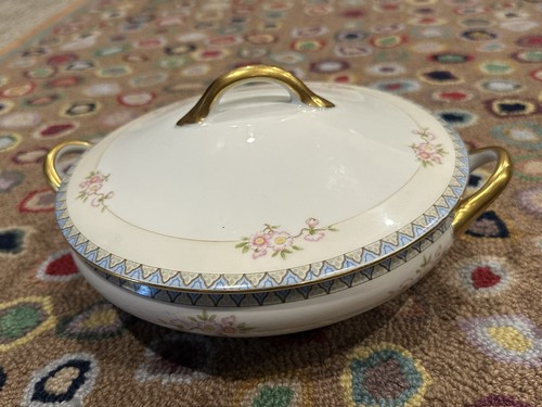 NORITAKE NIPPON THE MARNE PINK BLUE FLORAL CASSEROLE DISH WITH LID GOLD EUC - Picture 8 of 12
