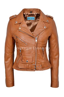 'CLASSIC BRANDO' Ladies Tan Biker Style Motorcycle Cruiser Napa Leather Jacket