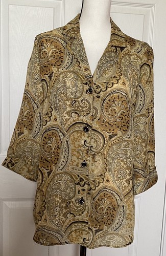 BLUSA GLORIA LANCE MARRÓN BRONCEADO NEGRO CACHEMIRA HILOS DORADOS MANGAS 3/4 TALLA 1X - Imagen 2 de 8
