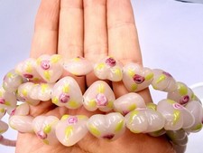 60 Pcs Lampwork Glass Puffed Heart Beads Pink Rosette 13mm Jewelry Making NOS G