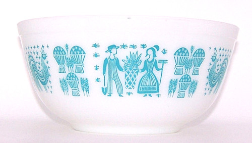 Pyrex 403 Mixing Bowl 2.5 Qt Glass White Turquoise Amish Butterprint Vintage EXC