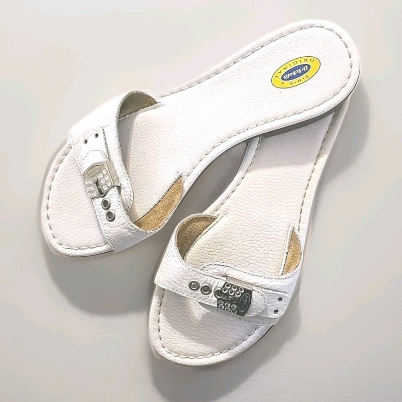 DR. SCHOLL'S SZ 9 WHITE LEATHER RHINESTONES SLIDE SANDALS LIMITED EDITION