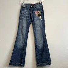 Crest Jeans Womens Sz 12 Embroidered Bird Denim Blue Jeans Low Rise Bootcut W 28