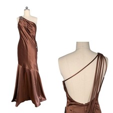 Prom Dress Maxi Gown 10 Brown Mermaid Satin Beaded Asymmetric Shoulder Glam