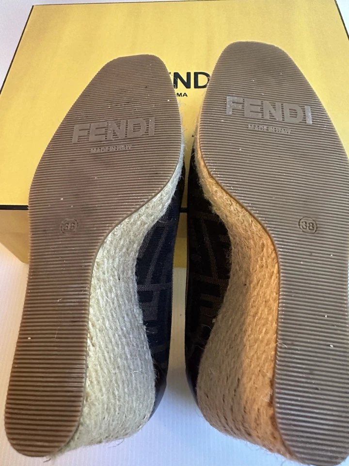 FENDY FF MONOGRAMA LONA CALACA CUERO PEEP TOE ALPARGATAS CUÑAS TALLA 38 ITALIA Foto 3 de 4
