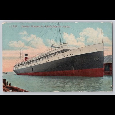 Antique Postcard Steamer Hamonic in Duluth-Superior Harbor