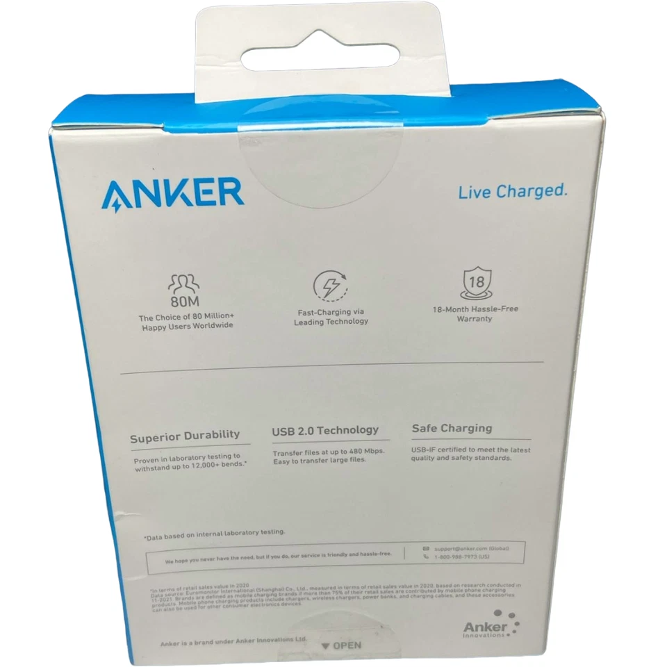 Anker 322 USB-A 转 USB-C 电缆 10 英尺编织白色快速充电全新密封 — 第 2/4 张图片