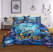 Dolphin 3pcs Full Comforter Set Soft Lightweight Microfiber Blue Ocean Animal