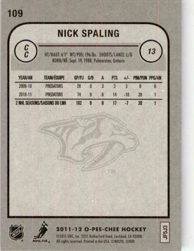 2011-12 O-Pee-Chee Nick Spaling #109 - Image 2 of 2