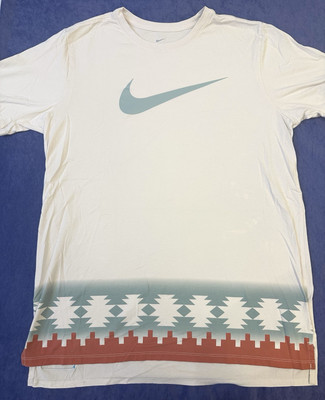 Nike Tee Aztec Tribal Design Light Blue Swoosh Logo Graphic T Shirt L Large 