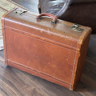 1940s Genuine Cowhide Leather Suitcase Tweed Interior Designer Prop Luggage ￼￼