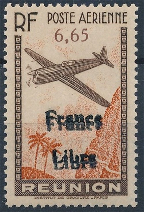 [60.236] Reunion Airmail 1943 2x ovpt Error MNH VF signed Calves $270 (Yv 25a)