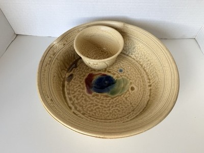 Vintage Gandee Hand Thrown Pottery Serving Dish Chip Dip Natural Blue Green Red