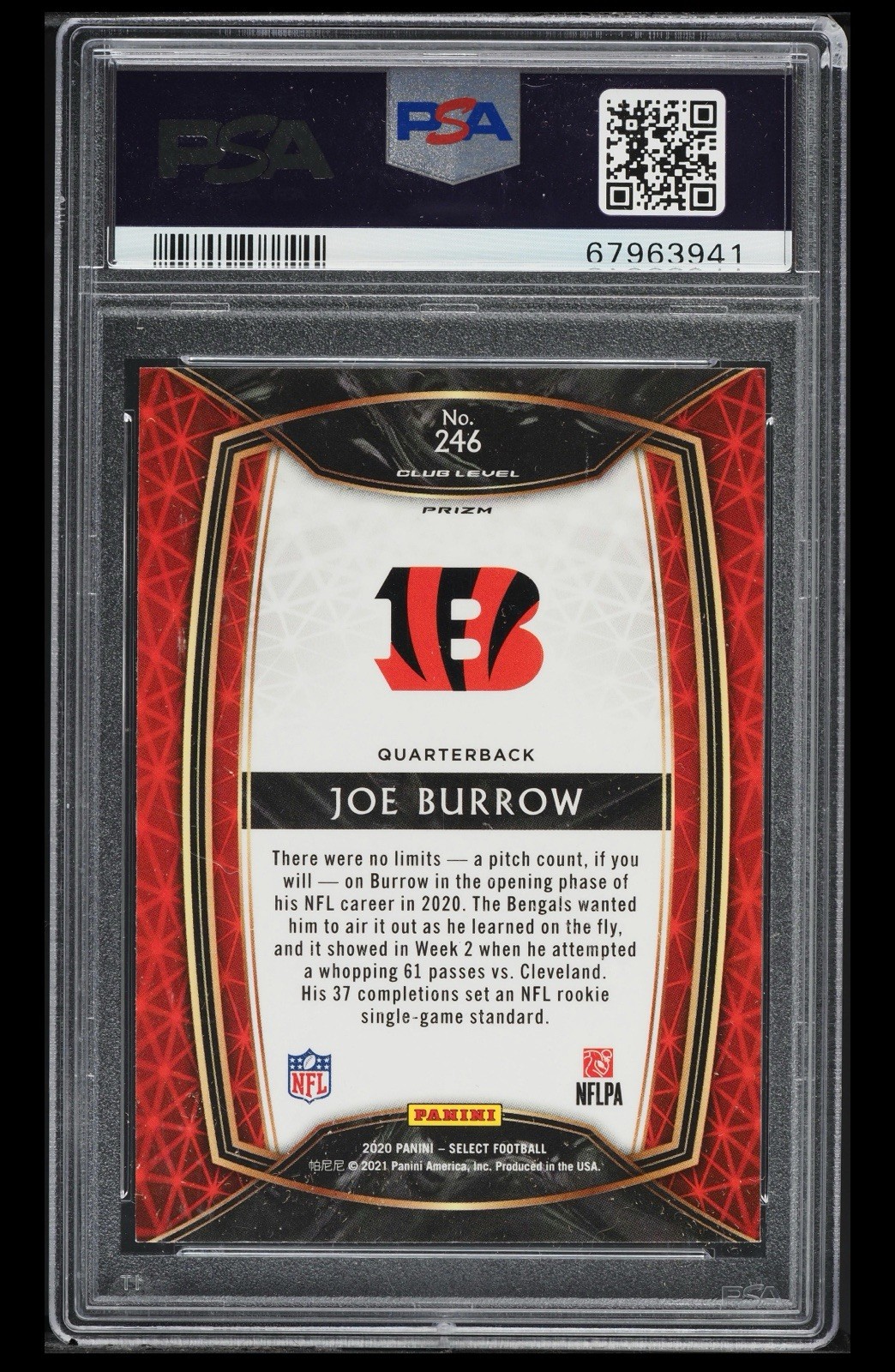 2020 PANINI SELECT SILVER PRIZM #246 JOE BURROW ROOKIE RC PSA 10 view 4