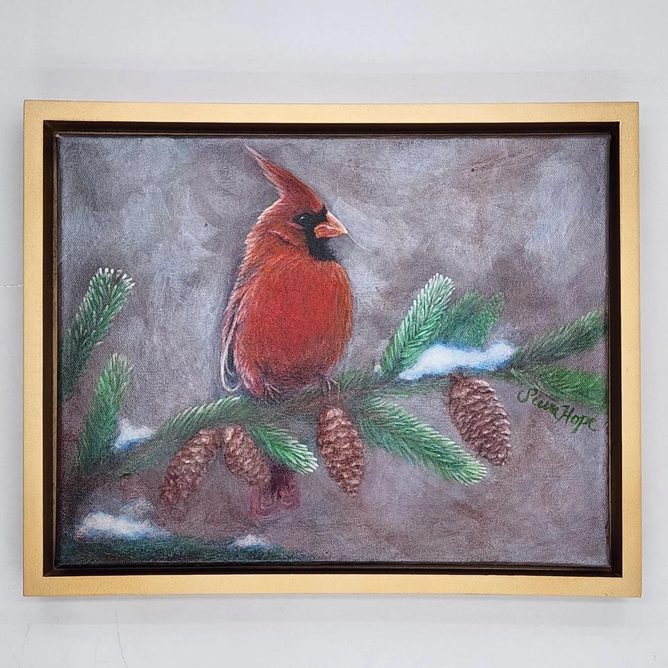 Pájaro Cardenal Rojo del Norte Original Firmado Arte Pintura Enmarcada Decoración de Invierno Foto 2 de 4