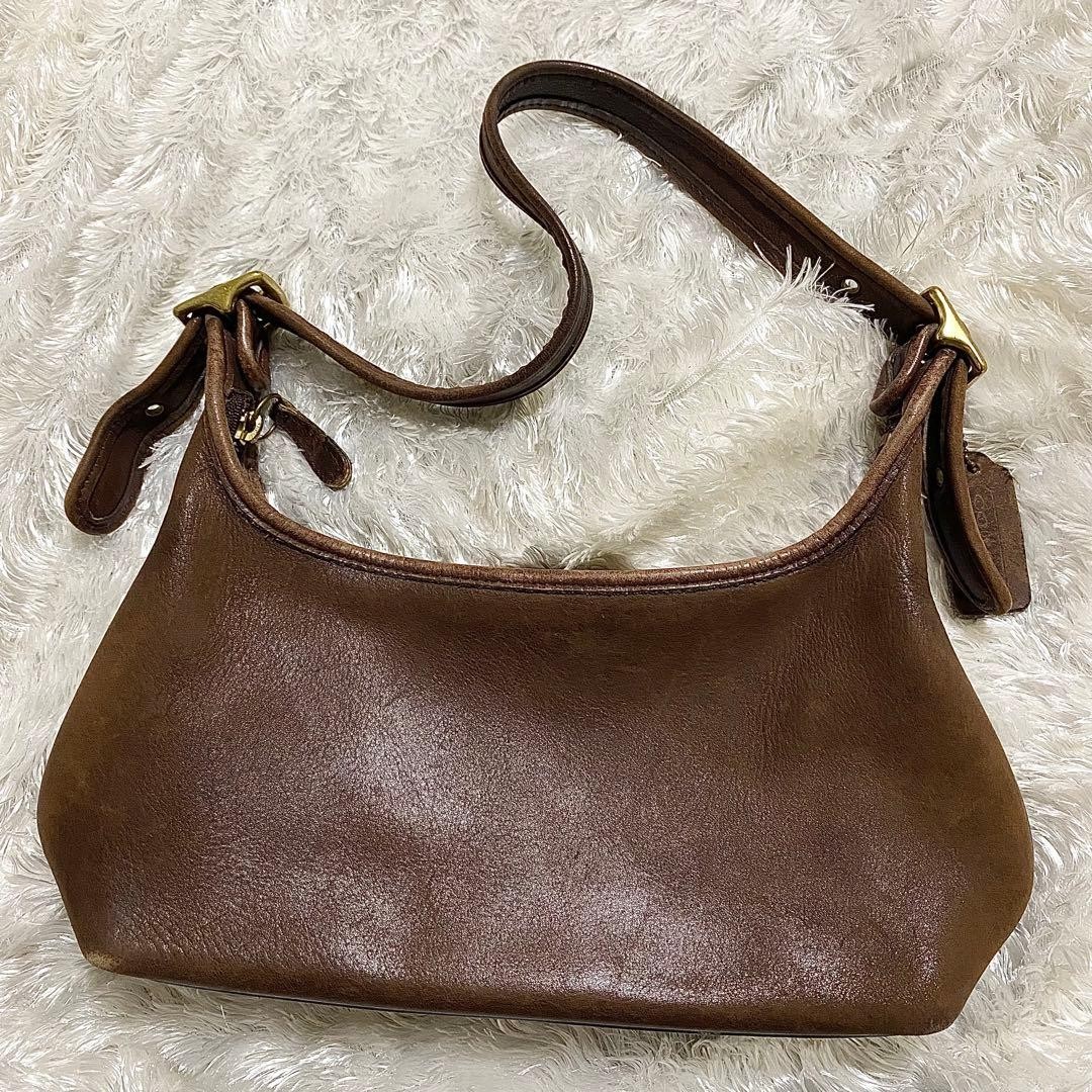 COACH 9059 One-Shoulder Bag Leather Brown Logo Charm Zip Vintage