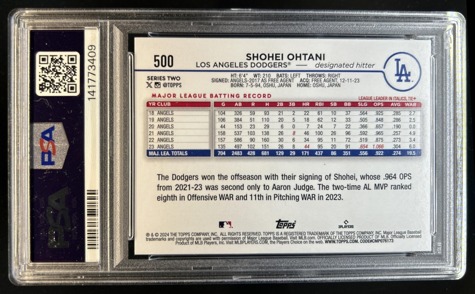 2024 Topps Shohei Ohtani 582 Montgomery Club #500 Dodgers PSA 9 view 2