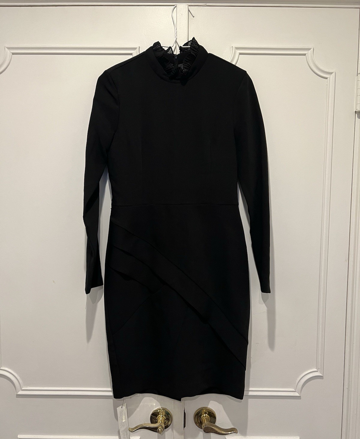 Ode Black High Neck Long Sleeve Sheath Knee Length Dress Ruffle Zip Size M