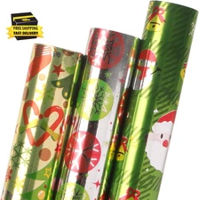 Christmas Wrapping Paper 3 Rolls Green Silver Red Metallic Foil Shine Gift Wrapp