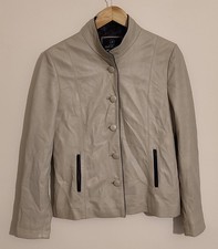 Kali Leather Jacket Women's Size 16 Beige Black Trim Mandarin Collar Buttons