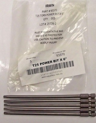 Irwin 93370 Torx Power Bit T25 1/4'' Hex Drive, 6'' OAL 5pcs.