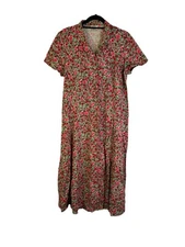 Vintage 90s Womens 12 Rainbow Floral Button Collared Linen Dress Cottagecore